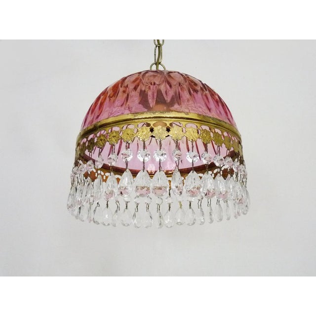 Vintage Pink Pendant Light with Tassels and Patterned Glass Globe, 1970s For Sale - Image 6 of 9