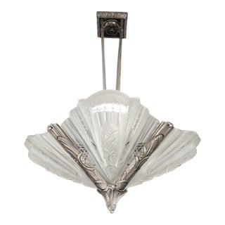 Early 20th Century French Art Deco Original Frosted Art Glass Nickel Chandelier Signed Frontisi For Sale