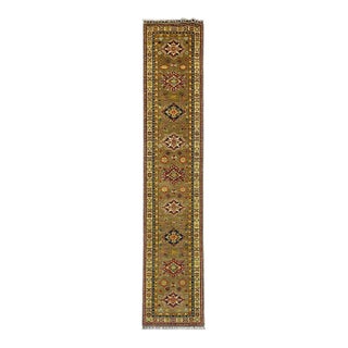 Extra-Long Olive Gold Kazak-Style Wool Runner Rug With Geometric Medallions, 2'7" X 14'8" For Sale