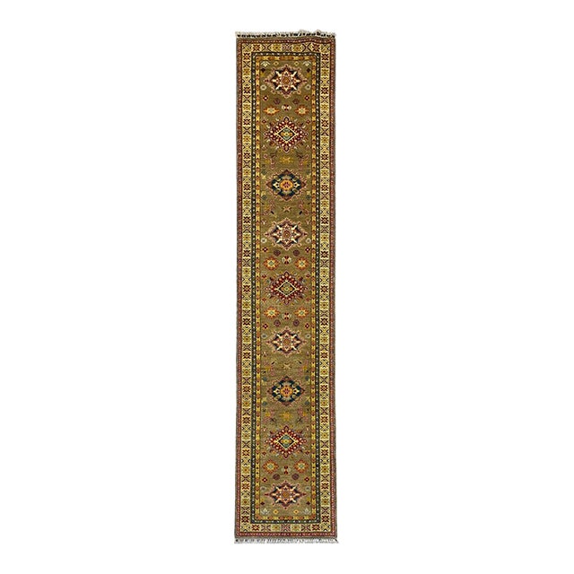 Extra-Long Olive Gold Kazak-Style Wool Runner Rug With Geometric Medallions, 2'7" X 14'8" For Sale
