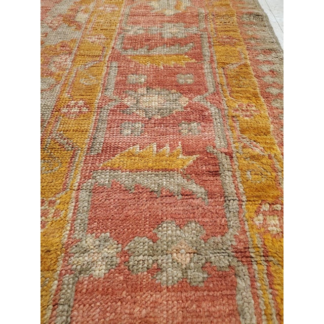 Late 19th Century Antique Oushak Carpet, Handmade Turkish Oriental Rug, Saffron, Coral, Light Blue For Sale - Image 5 of 17