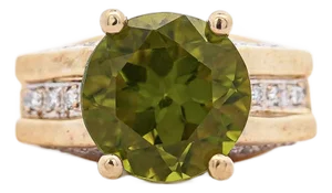 8.17 Carat Round Cut Peridot & Diamond 18k Gold Statement Ring, Size 8.25