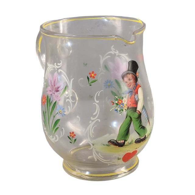 Glass Antique Victorian Blown Glass Hand Painted Figural Floral Valentine Motif Water Pitcher For Sale - Image 7 of 9