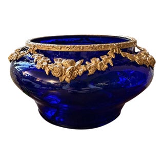 Antique French Cobalt Blue Glass Vase With Gilt Bronze Floral Garland Mounts For Sale