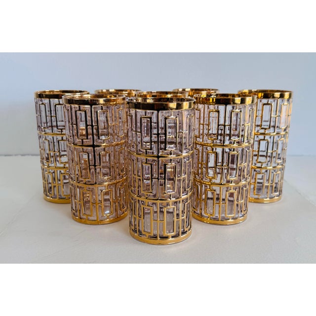 Vintage 1960s Imperial Glass Shoji Trellis 22k Gold Tumblers, Set of 8 For Sale - Image 4 of 8