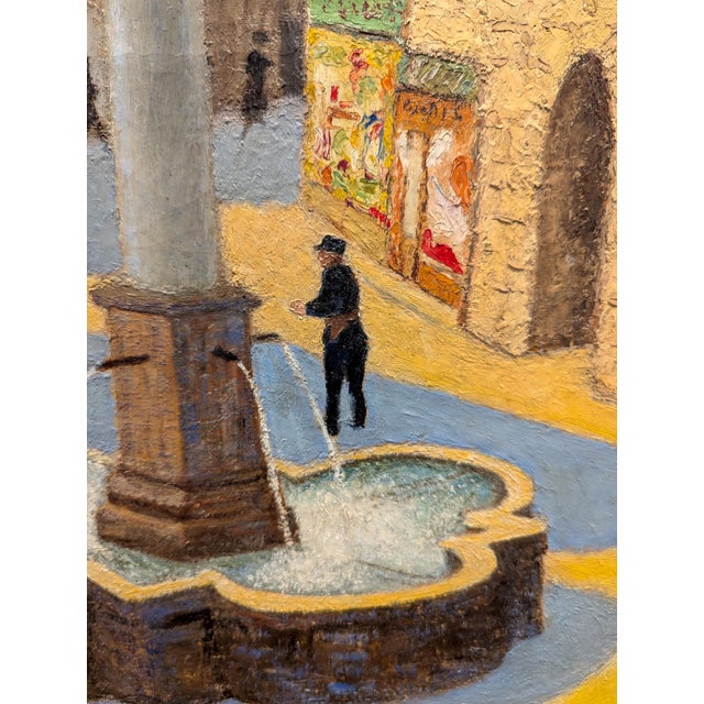 Charming Provincial street scene richly painted in warm yellows and blues that artfully capture the lights and shadows of...