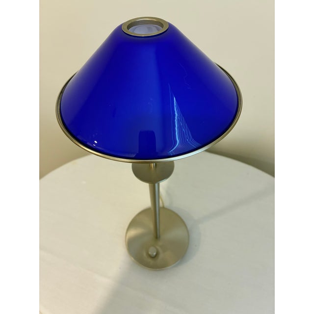 Postmodern German Holtkötter Satin Nickel & Cobalt Blue Glass Desk Lamp For Sale - Image 6 of 12