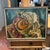 Mid century painting still life, vibrant color orange pumpkin with red apples and green background. Signed by artist...