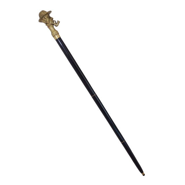 Antique Black Wooden Folding Walking Stick Cane With Sherlock Holmes Head Handle For Sale - Image 4 of 8