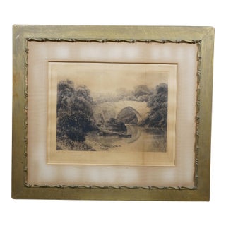 Antique David Law Signed Medieval Bridge Fishing River Landscape Etching 30" For Sale