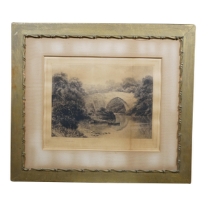 Antique David Law Signed Medieval Bridge Fishing River Landscape Etching 30"