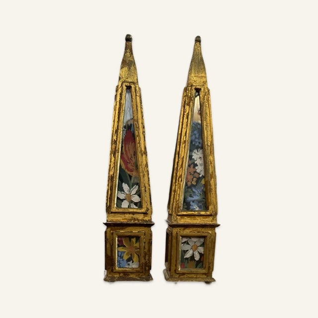 Grand Tour Pair of Florentine Gilded Wood and Glass Paneled Obelisks For Sale - Image 3 of 7