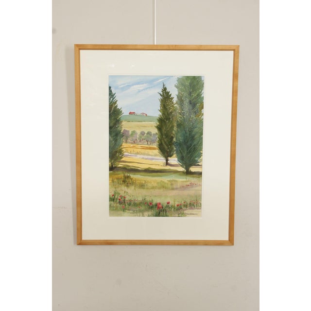 Quality Custom Framed Original Watercolor Painting of Meadow and Hilltop Dwellings by Ann Howes (American, 1937-2019),...