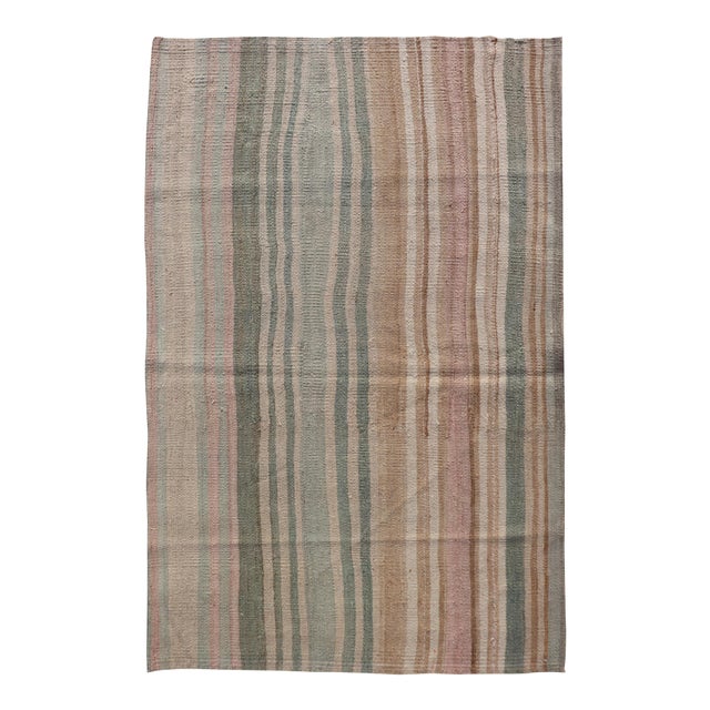 Vintage Turkish Kilim With Vertical Stripes in Sage Green, Sand, and Faded Rose For Sale