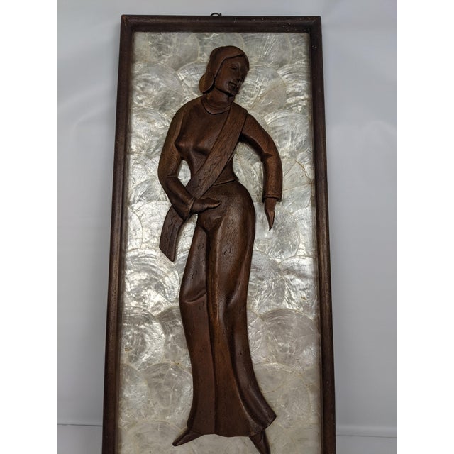Pair Mid-Century Modern Hand-Carved Wood Figural Relief Wall Panels on Shimmering Capiz Shell Grounds For Sale - Image 13 of 18