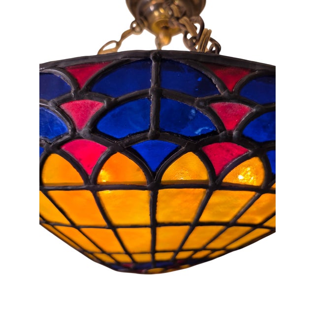Vintage Colorful French Stained Glass Bowl/ Pendant Light Fixture For Sale - Image 12 of 18