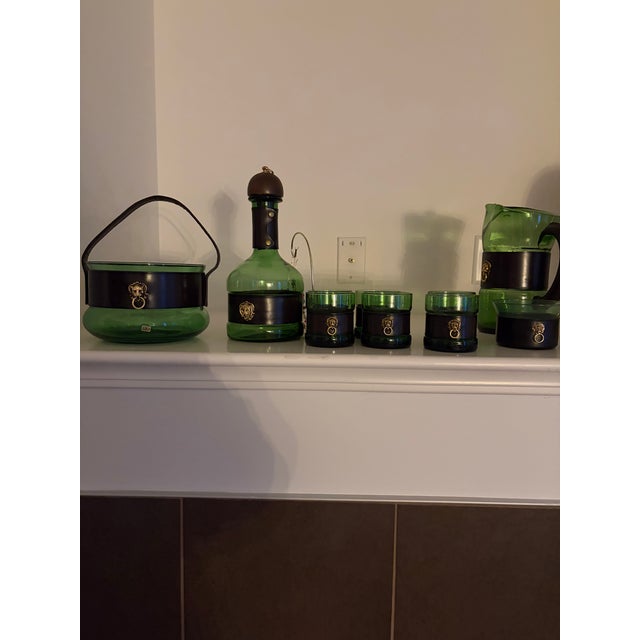 Italian barset, 1960’s, mid century modern. Very rare to find a 10 piece set. Emerald green glass with dark leather wraps...