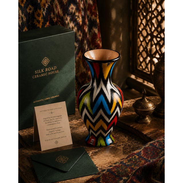One-of-a-Kind Uzbek Ikat Ceramic Vase, Collector's Presentation For Sale - Image 4 of 4