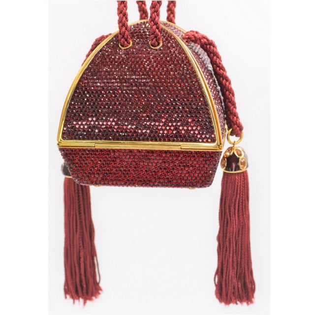 Metal 1995 Judith Leiber Fortune Teller Origami Red Crystal Tassel Evening Bag Minaudiere For Sale - Image 7 of 11
