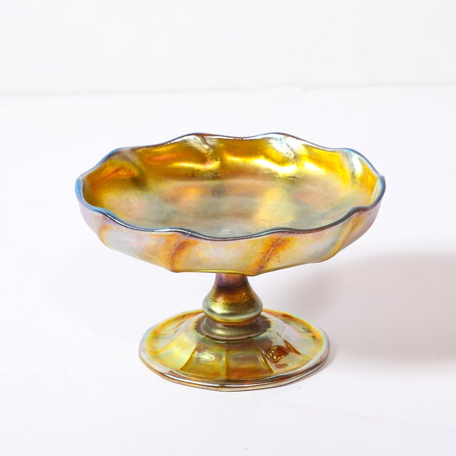 Tiffany and Co. Art Nouveau Iridescent Yellow Blue Favrile Glass Footed Dish Signed Tiffany & Co For Sale - Image 4 of 17