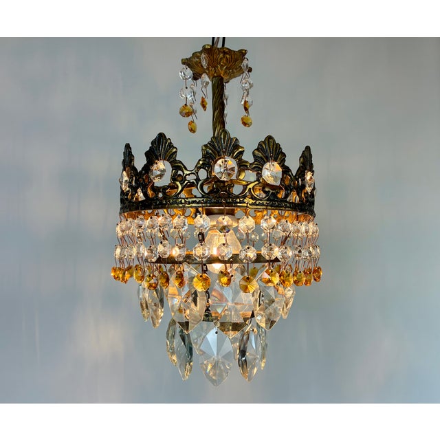 Rare Vintage Brass Crystal Chandelier | 1960s | Amber & Clear Crystal Pendant Light For Sale - Image 10 of 16