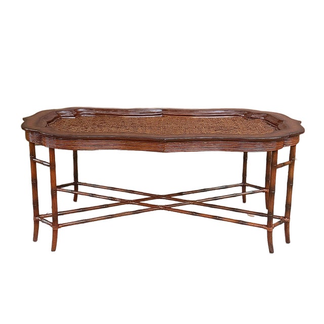 1980s Maitland-Smith Regency Faux Bamboo Base Leather and Wicker Tray Top Coffee Table For Sale - Image 9 of 18
