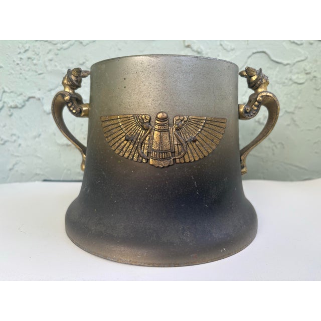 Hollywood Regency Egyptian Revival Style Winged Lyre Metal Cachepot or Jardinière Cover With Figural Handles, C. 1920s For Sale - Image 3 of 12