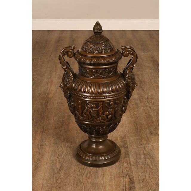 Neoclassical Style Large Pair Of Cast Bronze Covered Urns With Figural Relief For Sale - Image 15 of 18