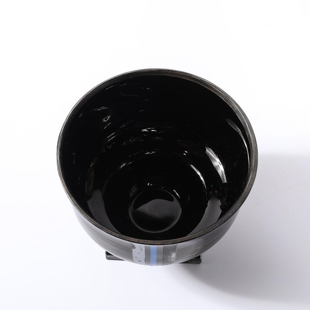 Art Deco Silvered Black Glass Linear Detailed Bowl Signed Hem by Michel Herman For Sale - Image 10 of 15