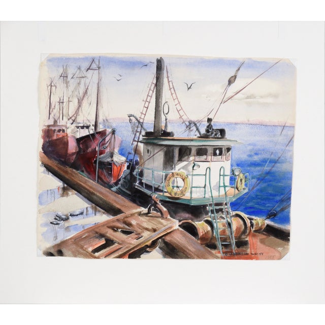 Harbor scene by Claire Weist (American, 1930-2014). The Bonnie Bill is docked along with several other boats. Seagulls...