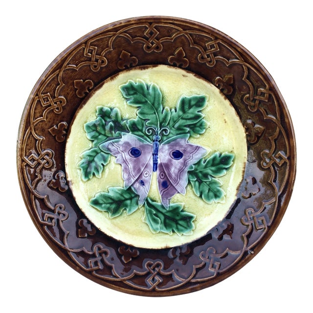 19th Century French Majolica Butterfly Plate Longchamp For Sale
