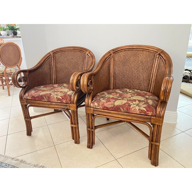 Brown Vintage Tommy Bahama Style Bamboo Wicker Arm Chairs - A Pair For Sale - Image 8 of 9