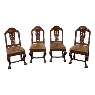 Late 20th Century Dutch Chippendale Style Carved Fruitwood & Leather Dining Chairs — Set of 4 For Sale