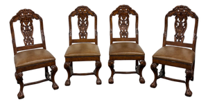 Late 20th Century Dutch Chippendale Style Carved Fruitwood & Leather Dining Chairs — Set of 4