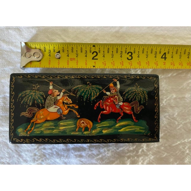 Vintage Russian Palekh Hand-Painted Lacquered Trinket Box, Hunting Scene For Sale - Image 9 of 12