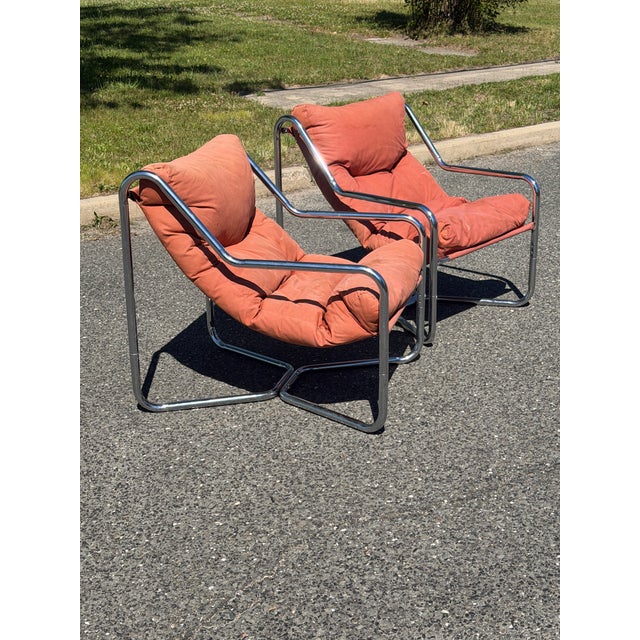 Orange 1970s Unarco Chrome Sling Chair Pair For Sale - Image 8 of 8