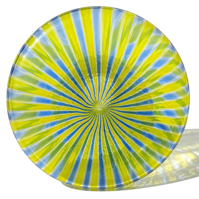 Fratelli Toso Murano Vintage Yellow Blue a Canne Ribbons Pattern Italian Art Glass Bottle Flower Vase For Sale In Orlando - Image 6 of 7