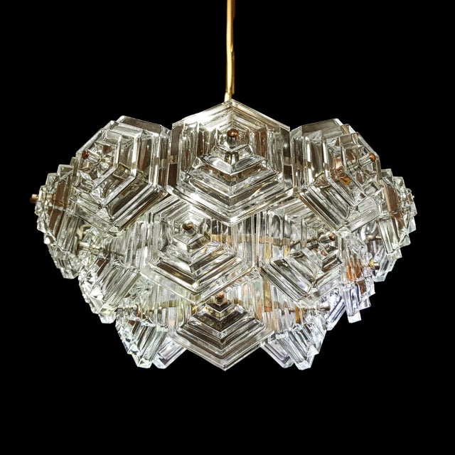 Mid-Century Modern Mid-Century German Chandelier with Hexagonal Glass Prisms by Veb Ebersbach, 1960s For Sale - Image 3 of 9