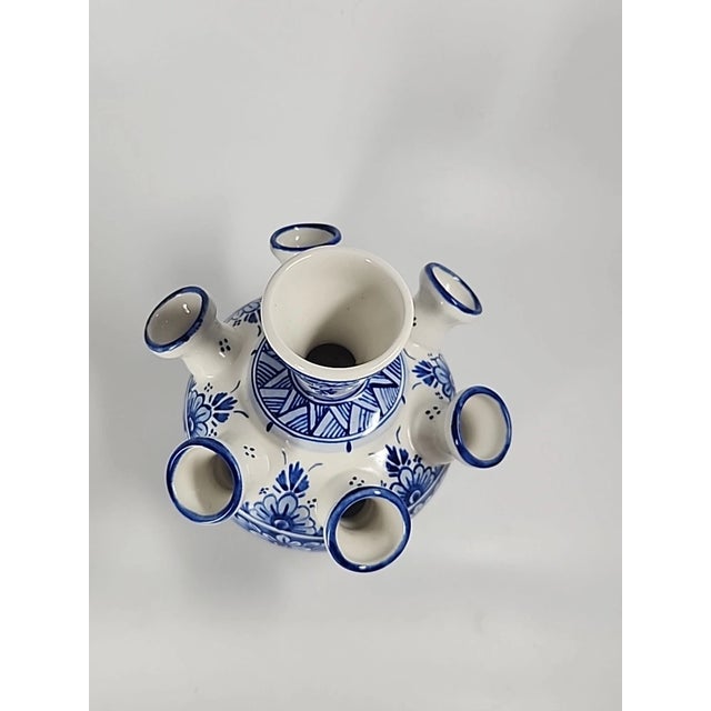 Mid-Century Modern Vintage Delft Blue 7 Arms Sprout Hand Painted Tulip Ceramic Vase For Sale - Image 3 of 8