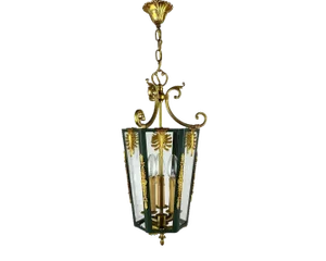 Vintage French Dark Green Metal, Gilt Bronze, Cut Glass Ceiling Lamp, 1970s