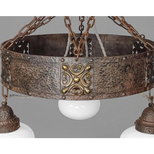Antique Arts and Crafts Chandelier with Opaline Glass Shades For Sale - Image 5 of 6