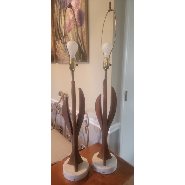 1960's Sculptural Mid-Century Wood Table Lamps With Carrara Marble Base - A Pair For Sale - Image 17 of 18