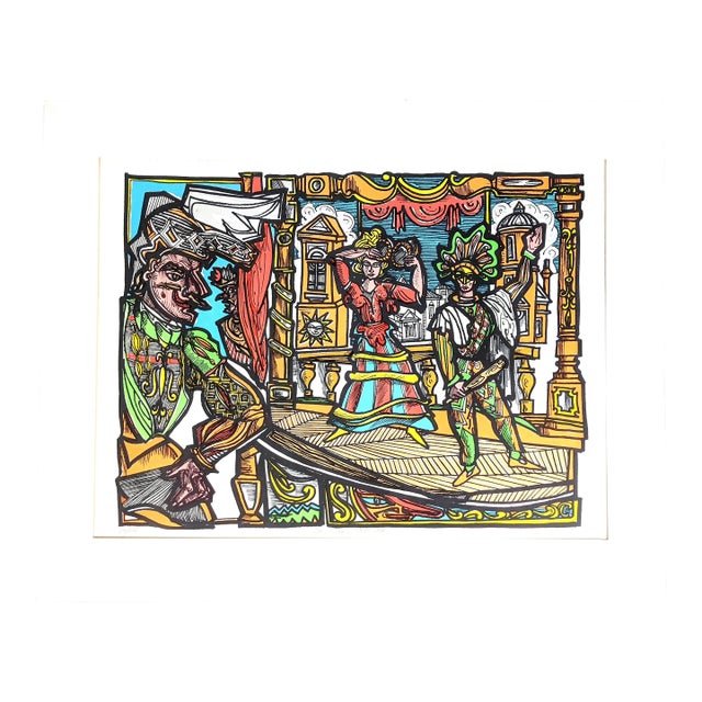 Commedia Dell'Arte Signed Limited Edition Serigraph by Marius Sznajderman, 1983 For Sale