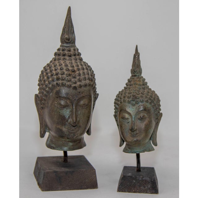 Antique Bronze Buddha Head Sculpture With Verdigris on Stand 19th C. For Sale - Image 12 of 12