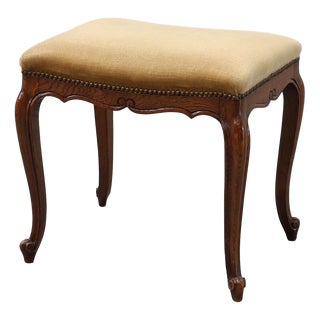 Louis XV Style Walnut Stool with Cabriole Legs and Velvet Seat, France, 1950s For Sale