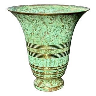 Vintage Carl Sorensen Art Deco Verdigris Bronze Trumpet Vase With Gilt Rings For Sale
