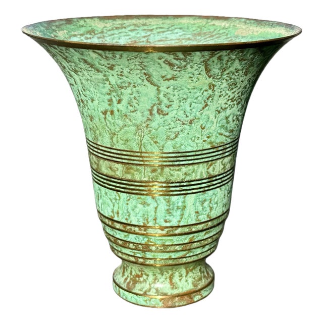 Vintage Carl Sorensen Art Deco Verdigris Bronze Trumpet Vase With Gilt Rings For Sale