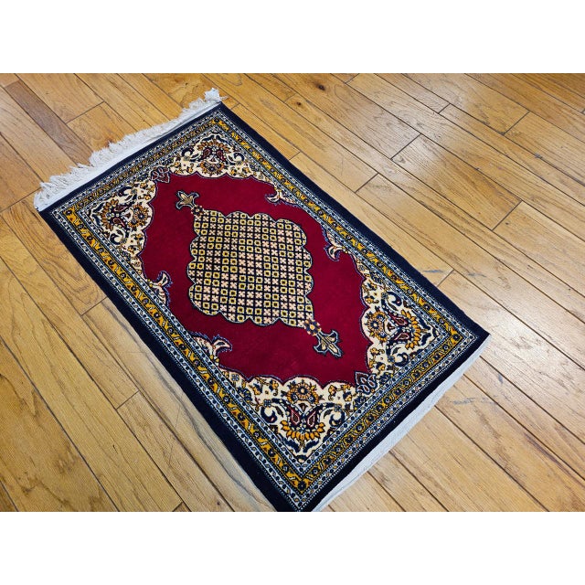Persian Vintage Qum Area Rug, Hand-Knotted Wool, Geometric Medallion Pattern, 3x5, Red & Navy For Sale - Image 3 of 18