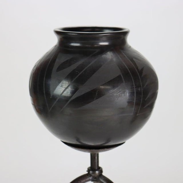 1920s Navajo Style Black on Black Mexican Blackware Pottery Vase on Wrought Iron Stand For Sale - Image 4 of 6