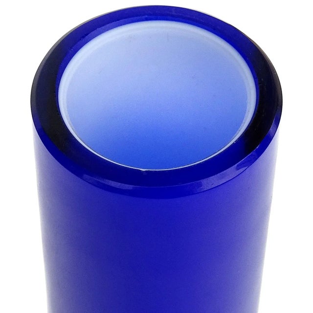 Glass Murano Vistosi Bianconi Bright Blue Red Stripe White Vintage Italian Art Glass Flower Vase With Label For Sale - Image 7 of 8